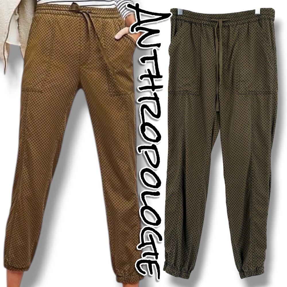 Anthro Flocked Polka Dot Jogger Pants Olive Green Lyocell XS Classic Chic Modern
